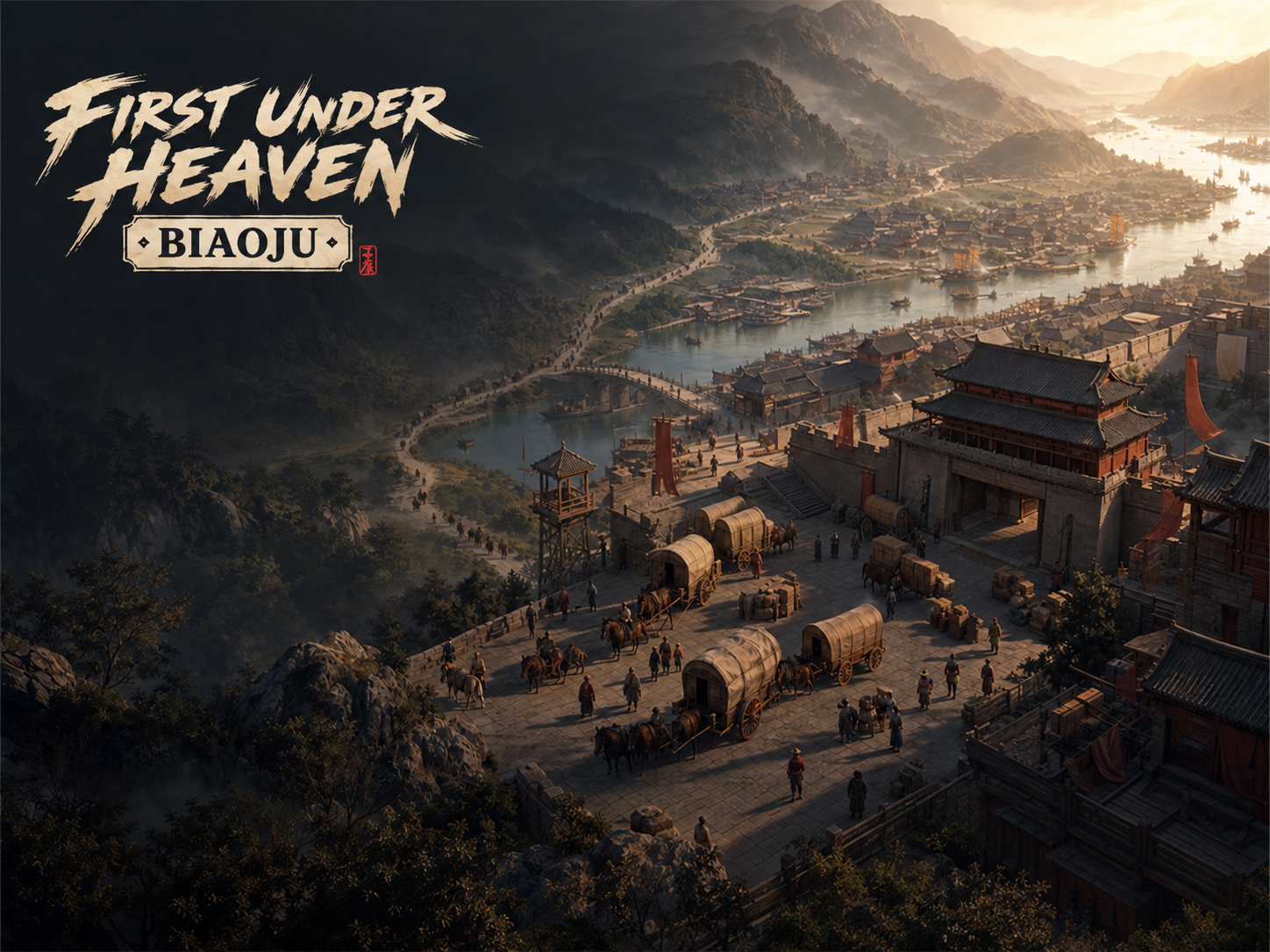 Biaoju: First Under Heaven — escort caravans outside the gates of a riverside city
